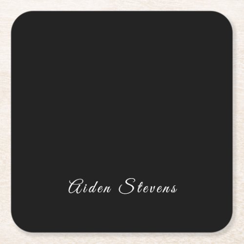 Stylish Plain Black  White Minimalist Add Name Square Paper Coaster