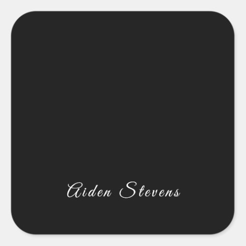 Stylish Plain Black  White Minimalist Add Name Square Sticker