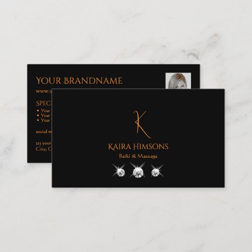 Stylish Plain Black with Monogram Photo and Jewels Business Card