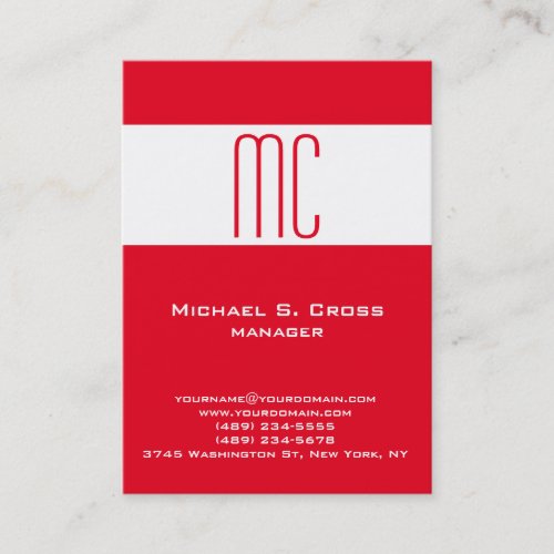 Stylish plain minimalist red white monogrammed business card