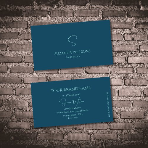 Stylish Plain Navy Blue and Teal with Monogram Business Card