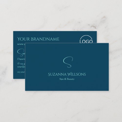Stylish Plain Ocean Blue with Monogram and Logo Business Card