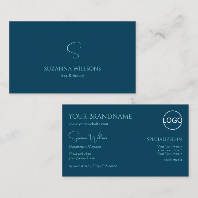 Stylish Plain Ocean Blue with Monogram and Logo Business Card (Front/Back)