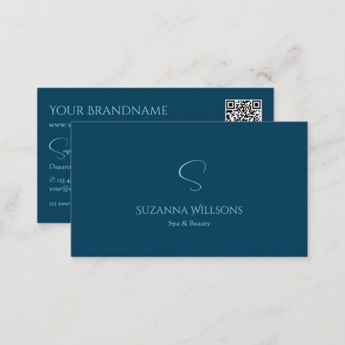 Stylish Plain Ocean Blue with Monogram and QR Code Business Card