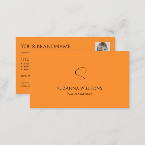 Stylish Plain Orange with Monogram and Photo Chic Business Card