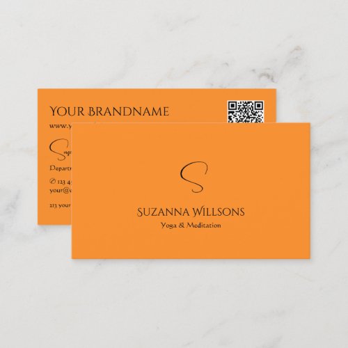 Stylish Plain Orange with Monogram and QR Code Business Card