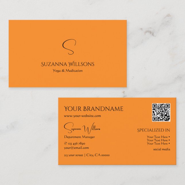 Stylish Plain Orange with Monogram and QR Code Business Card (Front/Back)