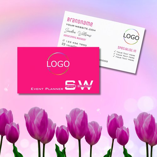 Stylish Plain Pink White with Monogram and Logo Business Card