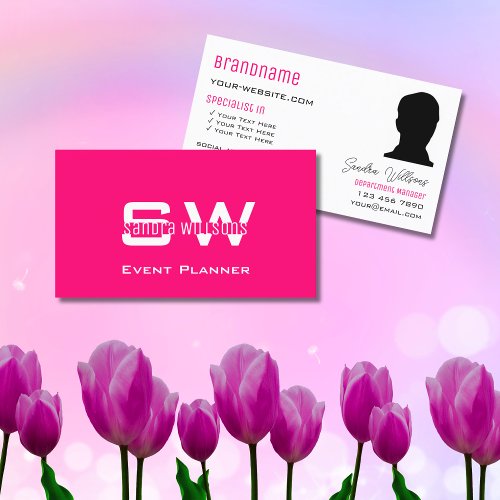 Stylish Plain Pink White with Monogram and Photo Business Card