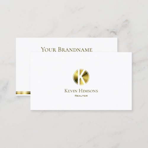 Stylish Plain White and Gold with Monogram Modern Business Card