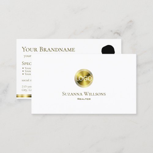 Stylish Plain White Gold with Logo and Photo Chic Business Card