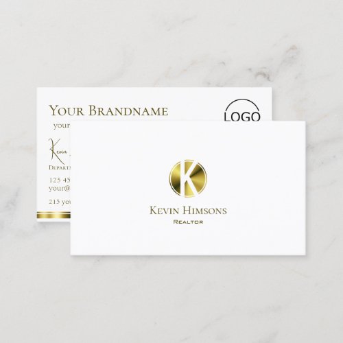 Stylish Plain White Gold with Monogram and Logo Business Card