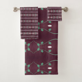 Stylish Plum and Red Designer Print Floral Bath Towel Set