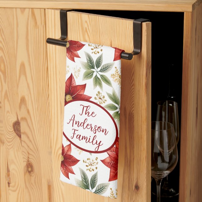 Stylish Poinsettia Floral Flower Christmas  Kitchen Towel (Thirds Fold)