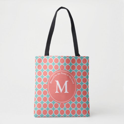 Stylish POLKA DOT Coral Blue Customized Monogram Tote Bag