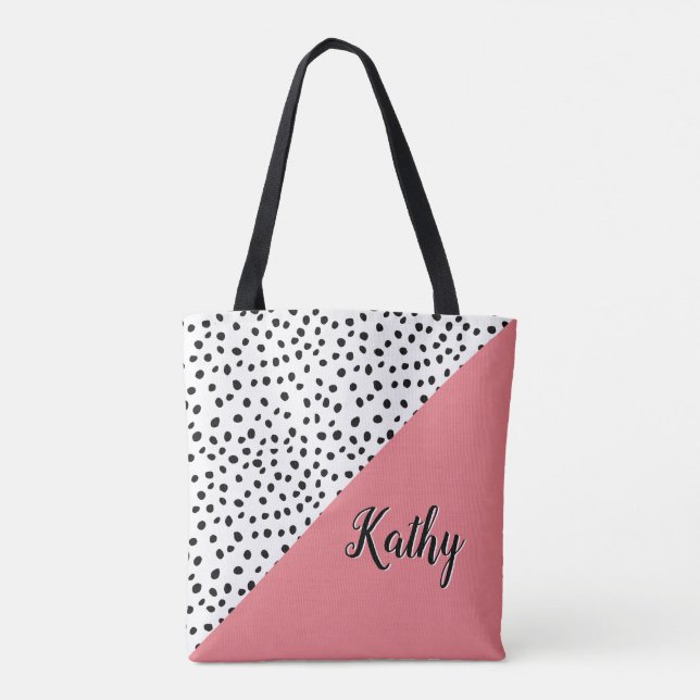 Stylish Polka Dot Pink & Black with Name Tote Bag (Back)