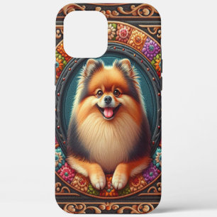 Stylish Pomeranian Dog Floral Colorful Border iPhone 12 Pro Max Case