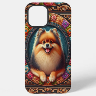 Stylish Pomeranian Dog Floral Colorful Border iPhone 12 Pro Max Case