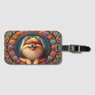Stylish Pomeranian Dog Floral Colorful Border Luggage Tag