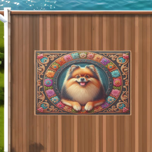 Stylish Pomeranian Dog Floral Colorful Border Outdoor Rug