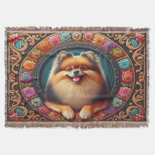 Stylish Pomeranian Dog Floral Colorful Border Throw Blanket