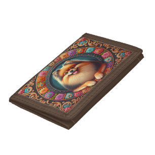 Stylish Pomeranian Dog Floral Colorful Border Tri-fold Wallet
