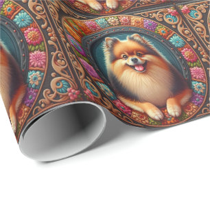 Stylish Pomeranian Dog Floral Colorful Border Wrapping Paper