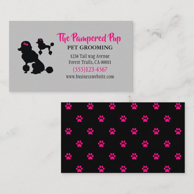 Stylish Poodle Dog Pet Grooming Pink Gray Business Card (Front/Back)