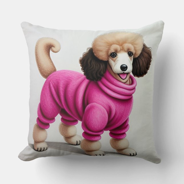 Stylish Poodle Wearing Pink Throw Pillow (Front)
