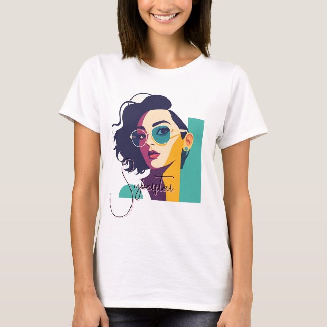 Stylish Pop Art Woman with Glasses T-Shirt (Front)