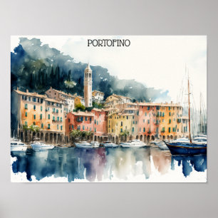 Stylish Portofino Italy Watercolor Painting Poster