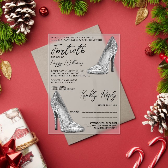 Stylish Posh, Silver Stilettos 40th Birthday Acrylic Invitations (Insitu (Holiday))