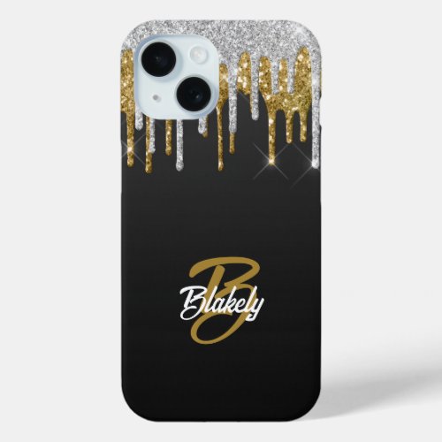 Stylish Pretty Black Gold Glitter Drip Monogram iPhone 15 Case