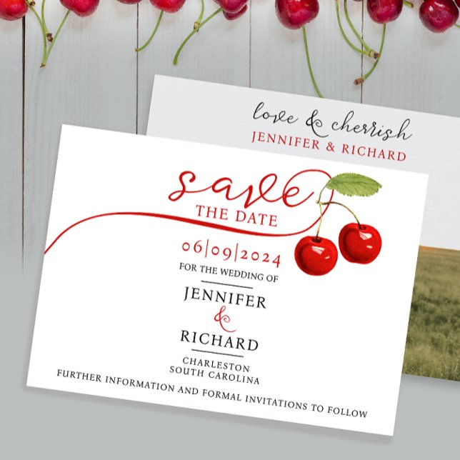 Stylish Pretty Cherry Red White Wedding Photo Typo Save The Date (Creator Uploaded)
