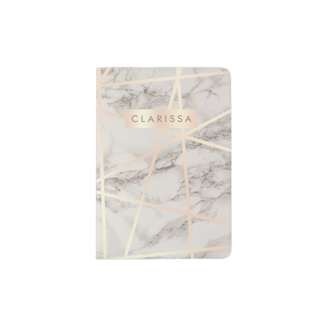 Stylish pretty chick rose gold & white marble passport holder (Front)