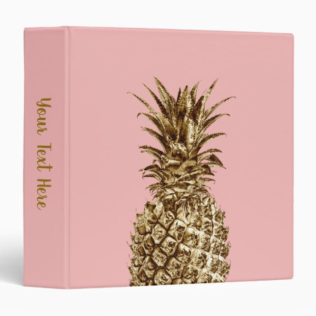 Stylish pretty girly gold & pastel pink pineapple 3 ring binder (Front/Spine)