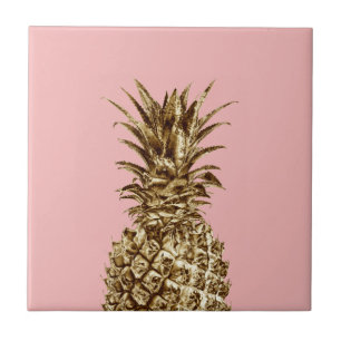 Stylish pretty girly gold & pastel pink pineapple ceramic tile