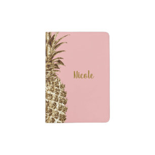 Stylish pretty girly gold & pastel pink pineapple passport holder
