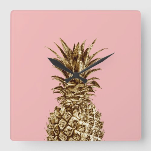 Stylish pretty girly gold  pastel pink pineapple square wall clock