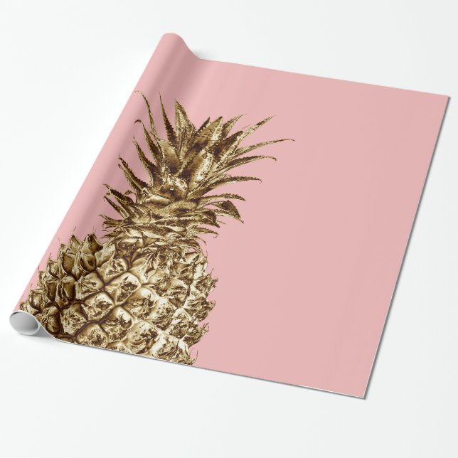 Stylish pretty girly gold & pastel pink pineapple wrapping paper (Unrolled)