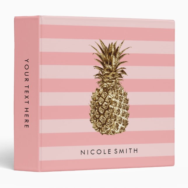 Stylish pretty girly gold pineapple & pink stripe 3 ring binder (Front/Spine)