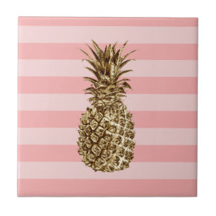 Stylish pretty girly gold pineapple & pink stripe ceramic tile