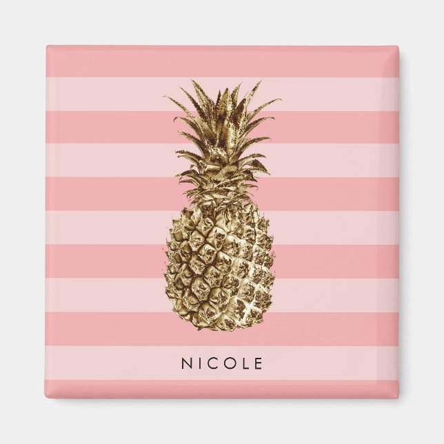 Stylish pretty girly gold pineapple & pink stripe magnet (Front)