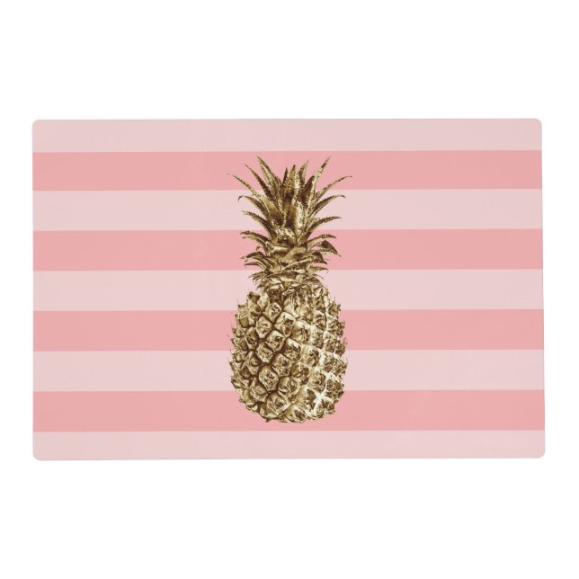 Stylish pretty girly gold pineapple & pink stripe placemat (Front)