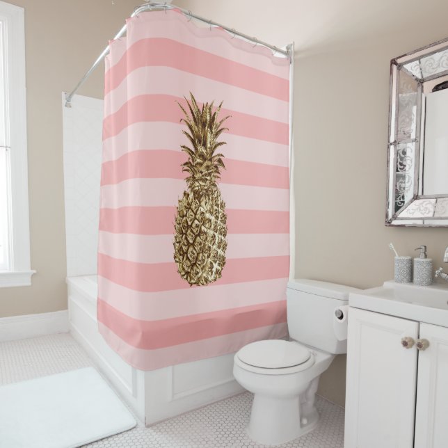 Stylish pretty girly gold pineapple & pink stripe shower curtain (In Situ)