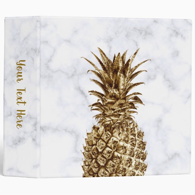 Stylish pretty girly gold & white marble pineapple 3 ring binder (Front/Spine)