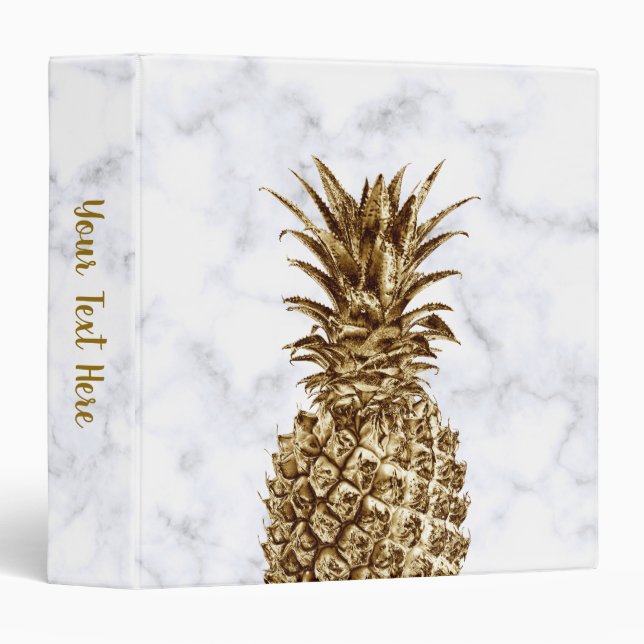 Stylish pretty girly gold & white marble pineapple 3 ring binder (Front/Spine)