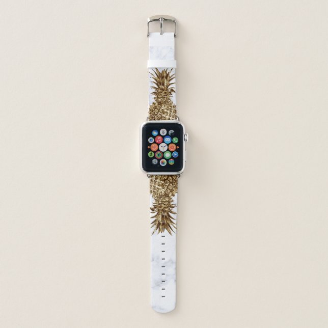 Stylish pretty girly gold & white marble pineapple apple watch band (Front)