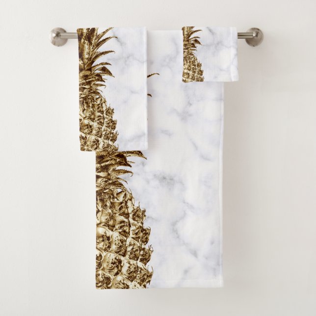 Stylish pretty girly gold & white marble pineapple bath towel set (Insitu)