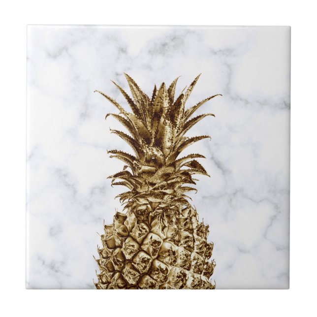 Stylish pretty girly gold & white marble pineapple ceramic tile (Front)